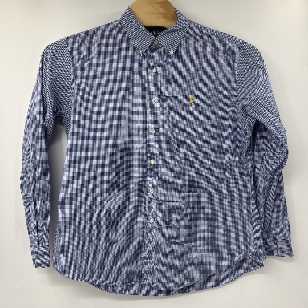 Ralph Lauren Button Down Shirt Men XL Blue Gingham Custom Fit Cotton Long Sleeve